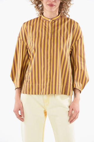 Camicia Crop in Pattern a Righe con Colletto alla Coreana e Maniche Ampie