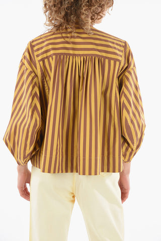 Camicia Crop in Pattern a Righe con Colletto alla Coreana e Maniche Ampie