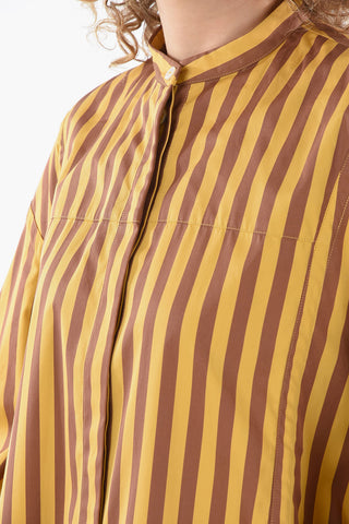 Camicia Crop in Pattern a Righe con Colletto alla Coreana e Maniche Ampie