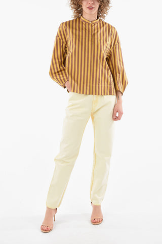 Camicia Crop in Pattern a Righe con Colletto alla Coreana e Maniche Ampie