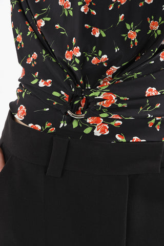 Top in Satin di Viscosa con Stampa PLUIE DE ROSES a Dettaglio Anello