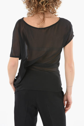 Silk-crepe AMELIA Sheered Top with Boat Neckline