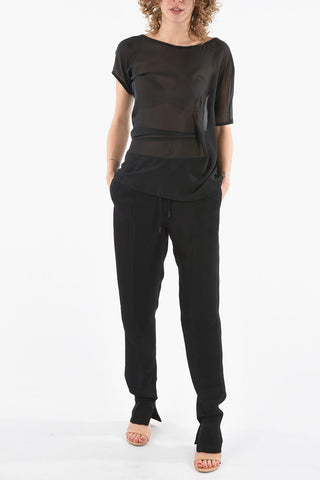 Silk-crepe AMELIA Sheered Top with Boat Neckline
