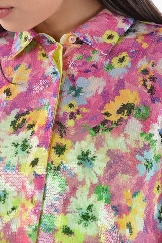 Asymmetric Shirt With Floral Print And Sequins