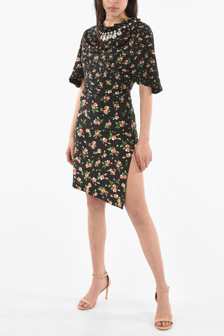 Vestito Midi a Maniche Corte in Stampa PLUIE DE ROSES con Collana Gioiello Decorativa
