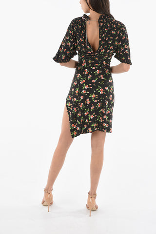 Vestito Midi a Maniche Corte in Stampa PLUIE DE ROSES con Collana Gioiello Decorativa