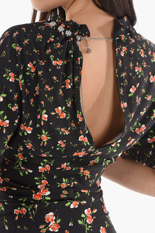 Vestito Midi a Maniche Corte in Stampa PLUIE DE ROSES con Collana Gioiello Decorativa