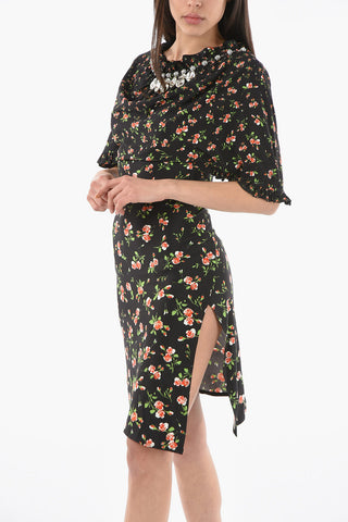 Vestito Midi a Maniche Corte in Stampa PLUIE DE ROSES con Collana Gioiello Decorativa