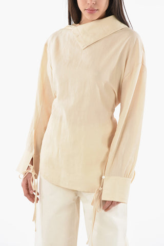 Cotton-twill Blouse with Button-up Stand-up Collar Detailed with Laces