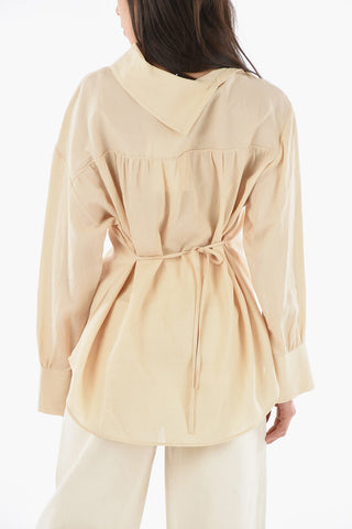 Cotton-twill Blouse with Button-up Stand-up Collar Detailed with Laces