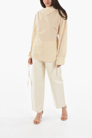 Cotton-twill Blouse with Button-up Stand-up Collar Detailed with Laces