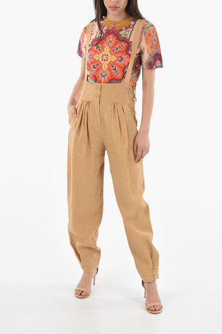 Lace-up Detail Linen Pants with Suspenders