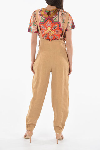Lace-up Detail Linen Pants with Suspenders