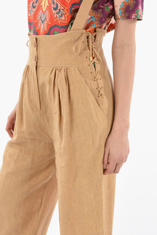 Lace-up Detail Linen Pants with Suspenders