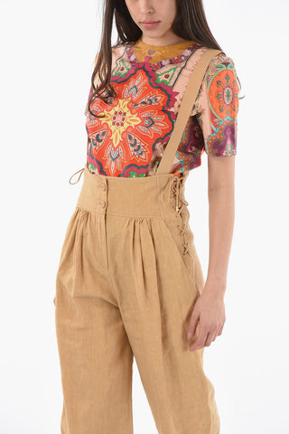 Lace-up Detail Linen Pants with Suspenders
