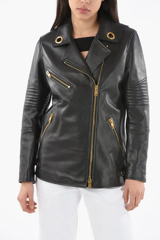 Giacca Biker Oversize in Pelle Martellata con Hardware Dorati
