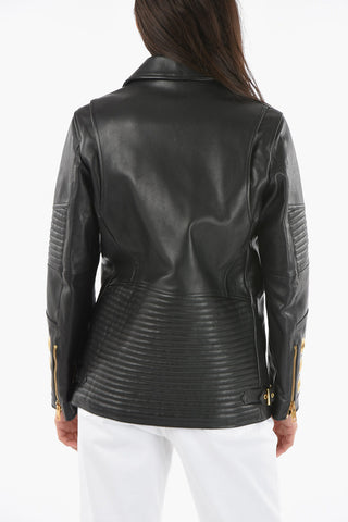 Giacca Biker Oversize in Pelle Martellata con Hardware Dorati