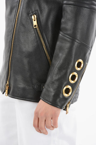 Giacca Biker Oversize in Pelle Martellata con Hardware Dorati