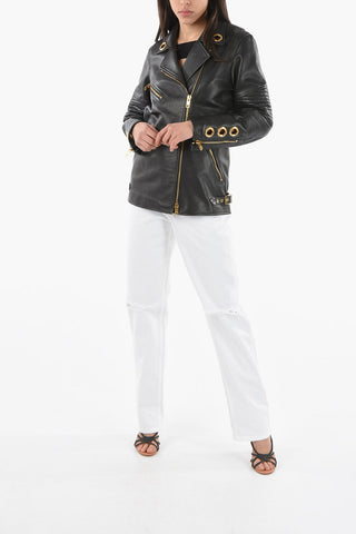 Giacca Biker Oversize in Pelle Martellata con Hardware Dorati