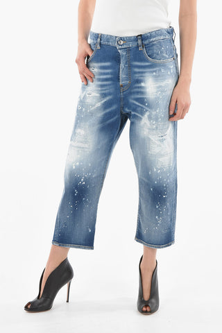 Cropped KAWAII Denims with Light Wash and Paint-splash Pattern 20cm