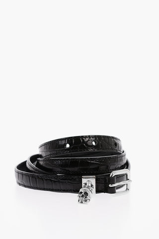 Croco Embossed Leather SKULL Slim Belt