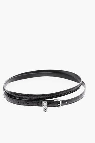 Croco Embossed Leather SKULL Slim Belt