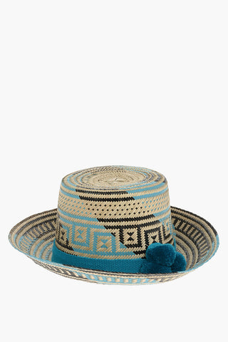 Bicolour Iraka-straw KASUCHI Hat detailed with Pom poms