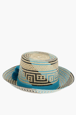 Bicolour Iraka-straw KASUCHI Hat detailed with Pom poms