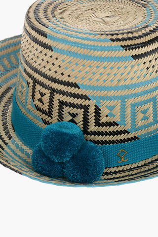 Bicolour Iraka-straw KASUCHI Hat detailed with Pom poms
