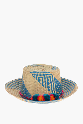 Bicolour Iraka-straw MIKU Hat detailed with Pom poms