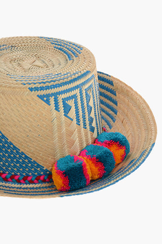 Bicolour Iraka-straw MIKU Hat detailed with Pom poms