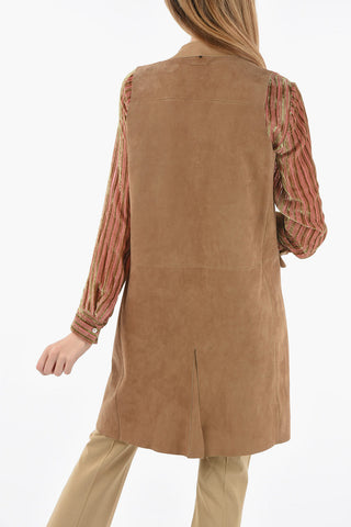 Suede Sleeveless Overcoat with Flap Pockets