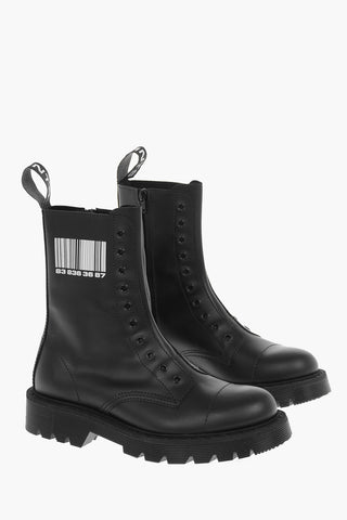 Leather BARCODE Printed Combat Boots