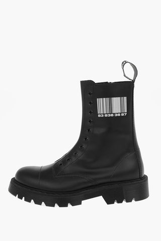 Leather BARCODE Printed Combat Boots