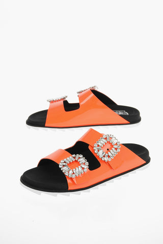 Polished-leather SLIDY VIV Slides with Rhinestoned-embellished Buckles