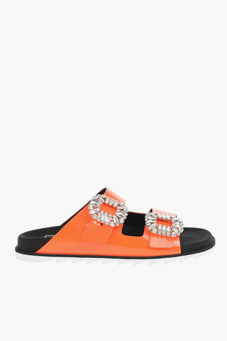 Polished-leather SLIDY VIV Slides with Rhinestoned-embellished Buckles