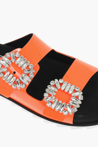 Polished-leather SLIDY VIV Slides with Rhinestoned-embellished Buckles