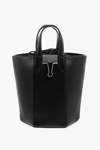 Drawstringed Leather Bucket Bag with Metallic Blinder Clip