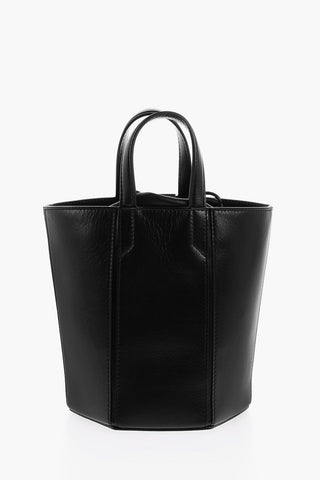 Drawstringed Leather Bucket Bag with Metallic Blinder Clip