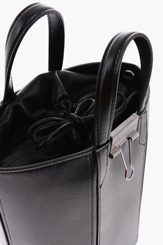 Drawstringed Leather Bucket Bag with Metallic Blinder Clip