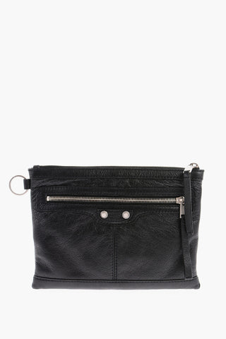 Front Zipped Leather Clutch with Outer Pocket
