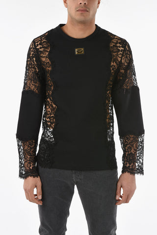 Long Sleeves Lace T-shirt with Golden Plaqued Logo Patch