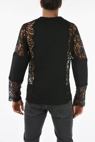 Long Sleeves Lace T-shirt with Golden Plaqued Logo Patch