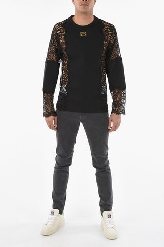 Long Sleeves Lace T-shirt with Golden Plaqued Logo Patch