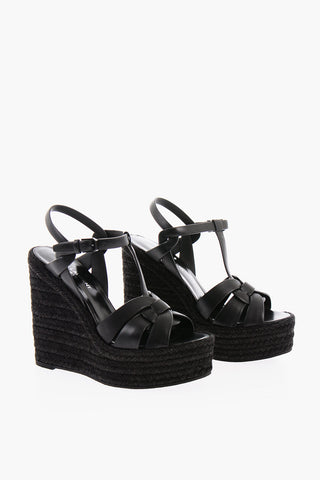 Sandali T-Strap in Pelle con Zeppa in Rafia 13cm
