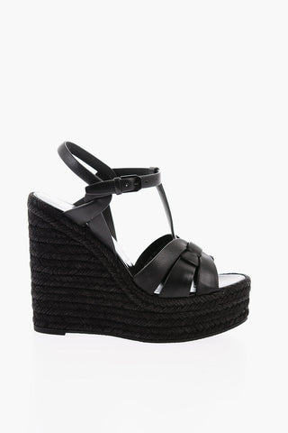 Sandali T-Strap in Pelle con Zeppa in Rafia 13cm