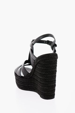 Sandali T-Strap in Pelle con Zeppa in Rafia 13cm