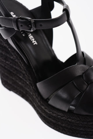 Sandali T-Strap in Pelle con Zeppa in Rafia 13cm