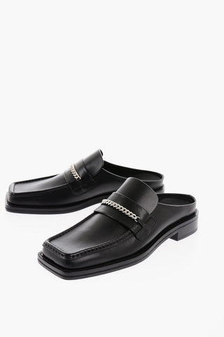 Leather Square Toe Mules with Silver Chain
