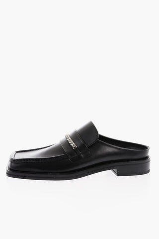 Leather Square Toe Mules with Silver Chain
